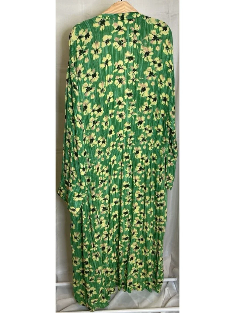 Free People Wild Nights Duster Jacket Kimono Green Floral Rayon Sz L NWOT $178